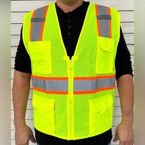 4 Pocket RRI Yellow Mesh High Visibility Safety Vest, ANSI/ ISEA 107-2010 2X NEW